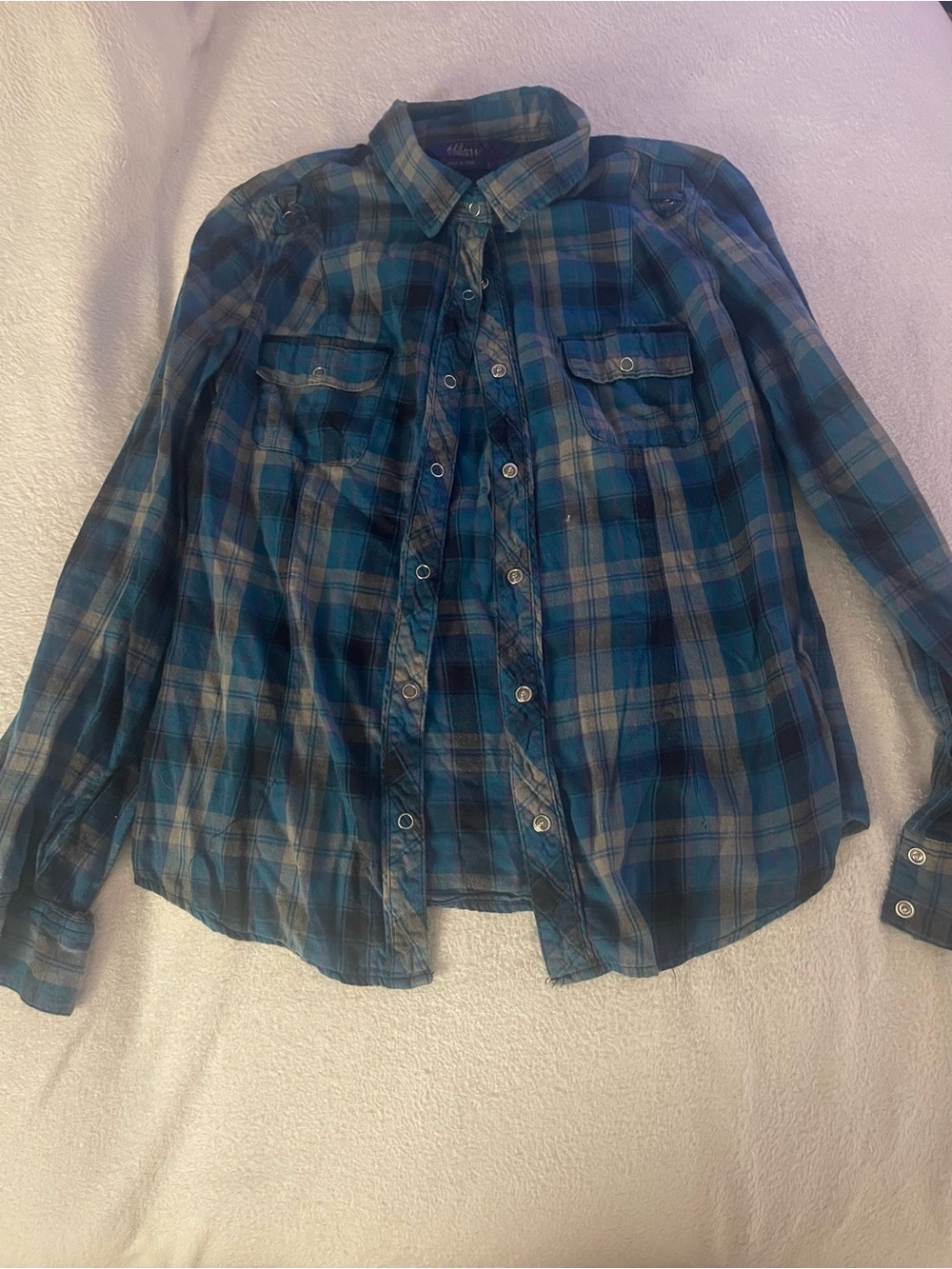 Miley Cyrus & Max Azria Teal and Navy Plaid Button-Up Shirt